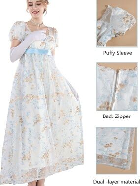 Amazon White Floral Formal Dress with Blue and Gold Accents
